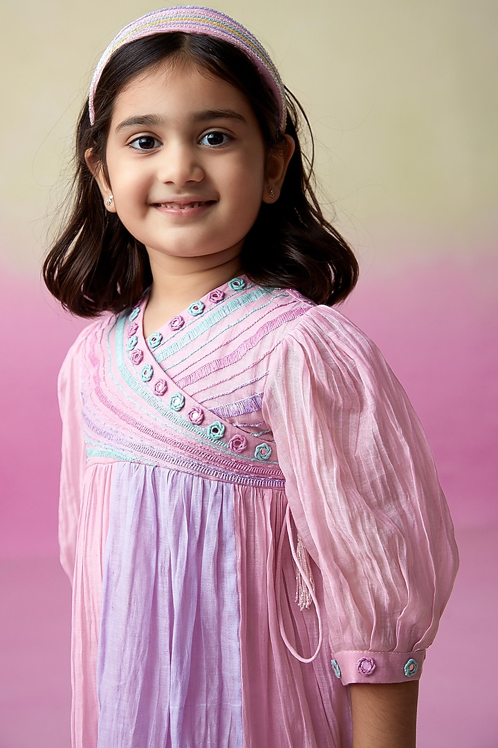 Lavender & Orchid Pink Chanderi Mirror Embroidered Dress For Girls by The Right Cut Kids at Pernia's Pop Up Shop
