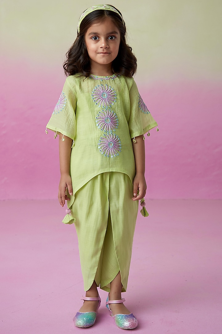 Lime Chanderi Motif Embroidered Co-Ord Set For Girls by The Right Cut Kids at Pernia's Pop Up Shop