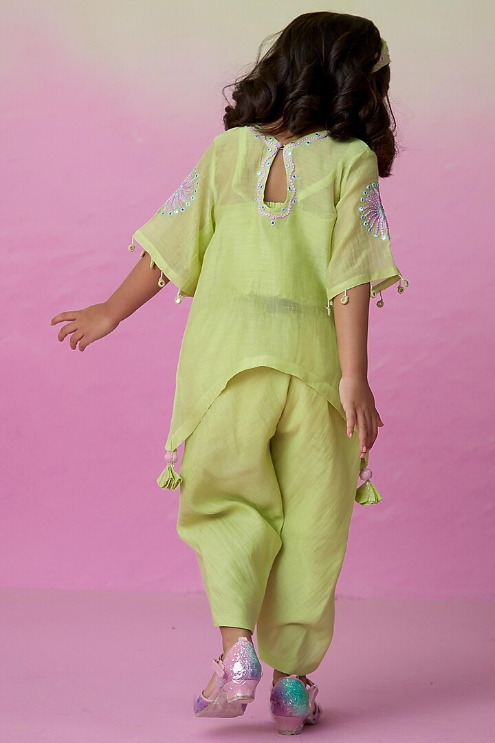 Lime Chanderi Motif Embroidered Co-Ord Set For Girls by The Right Cut Kids at Pernia's Pop Up Shop