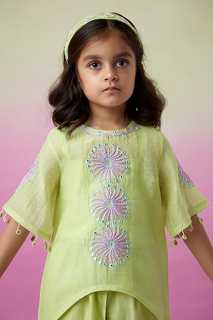 Lime Chanderi Motif Embroidered Co-Ord Set For Girls by The Right Cut Kids at Pernia's Pop Up Shop