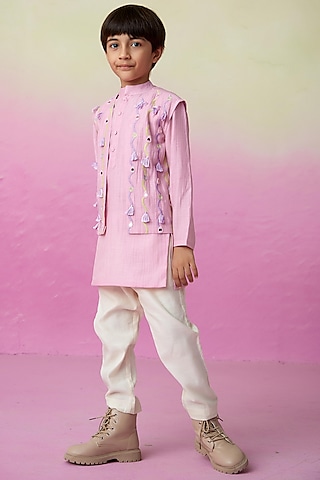 Orchid Pink Chanderi Mirror Embroidered Nehru Jacket Set For Boys by The Right Cut Kids
