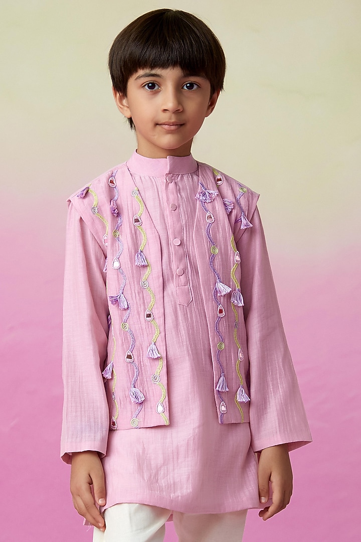 Orchid Pink Chanderi Mirror Embroidered Nehru Jacket Set For Boys by The Right Cut Kids at Pernia's Pop Up Shop