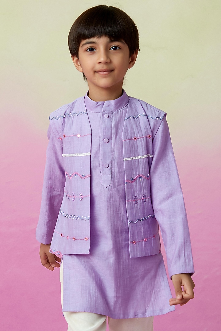 Lavender Chanderi Mirror Embroidered Nehru Jacket Set For Boys by The Right Cut Kids at Pernia's Pop Up Shop