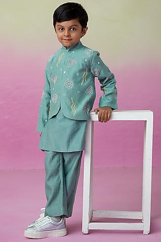 Mint Chanderi Mirror Embroidered Bandhgala Set For Boys by The Right Cut Kids