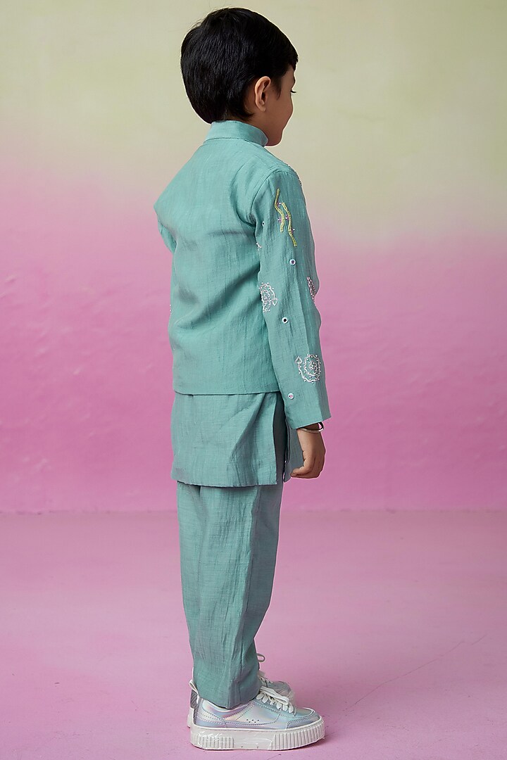Mint Chanderi Mirror Embroidered Bandhgala Set For Boys by The Right Cut Kids at Pernia's Pop Up Shop