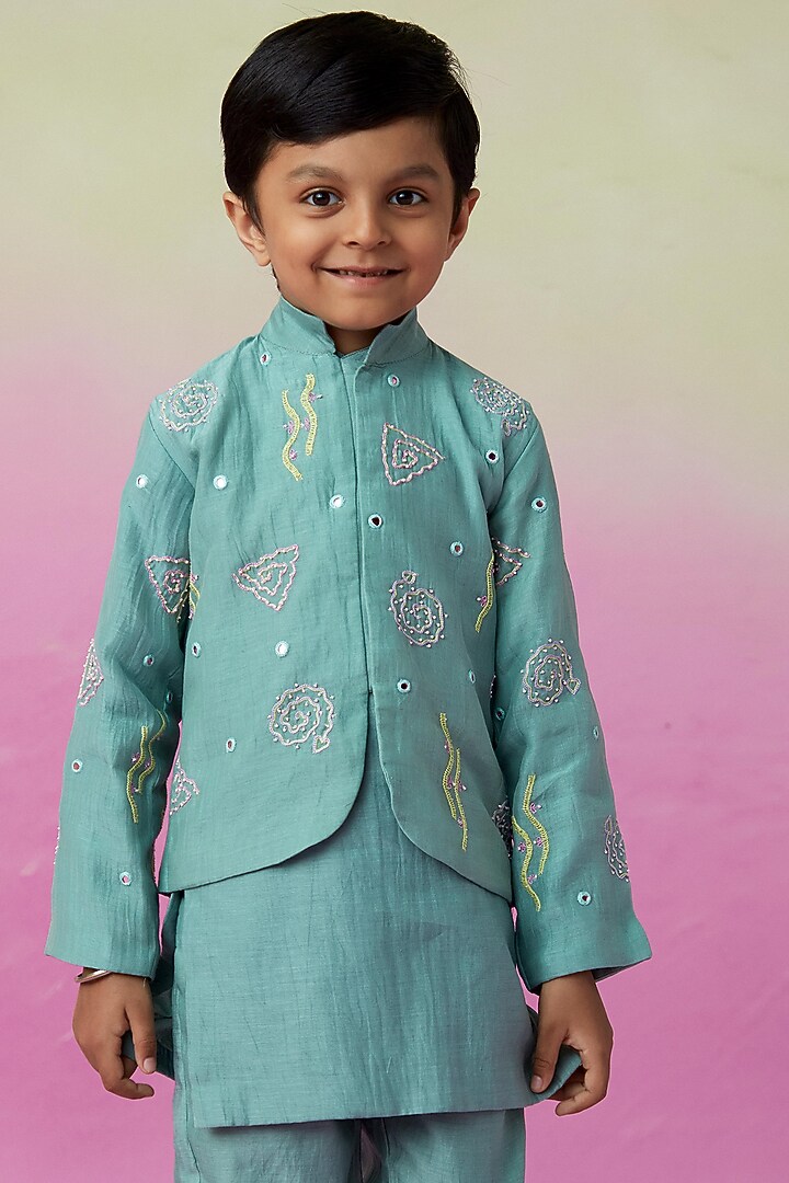 Mint Chanderi Mirror Embroidered Bandhgala Set For Boys by The Right Cut Kids at Pernia's Pop Up Shop