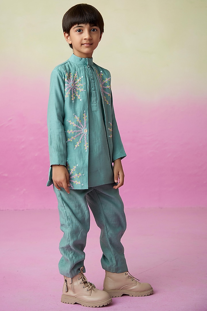 Mint Chanderi Motif Embroidered Kurta Set For Boys by The Right Cut Kids