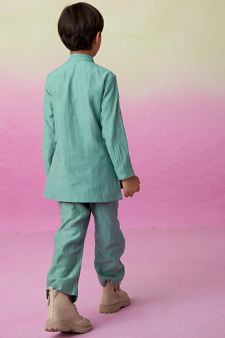 Mint Chanderi Motif Embroidered Kurta Set For Boys by The Right Cut Kids at Pernia's Pop Up Shop
