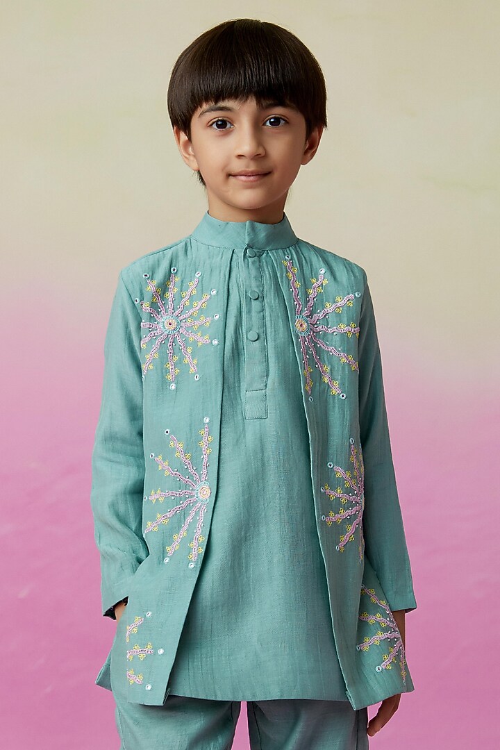 Mint Chanderi Motif Embroidered Kurta Set For Boys by The Right Cut Kids at Pernia's Pop Up Shop