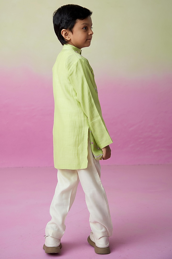 Lime Chanderi Mirror Embroidered Kurta Set For Boys by The Right Cut Kids at Pernia's Pop Up Shop