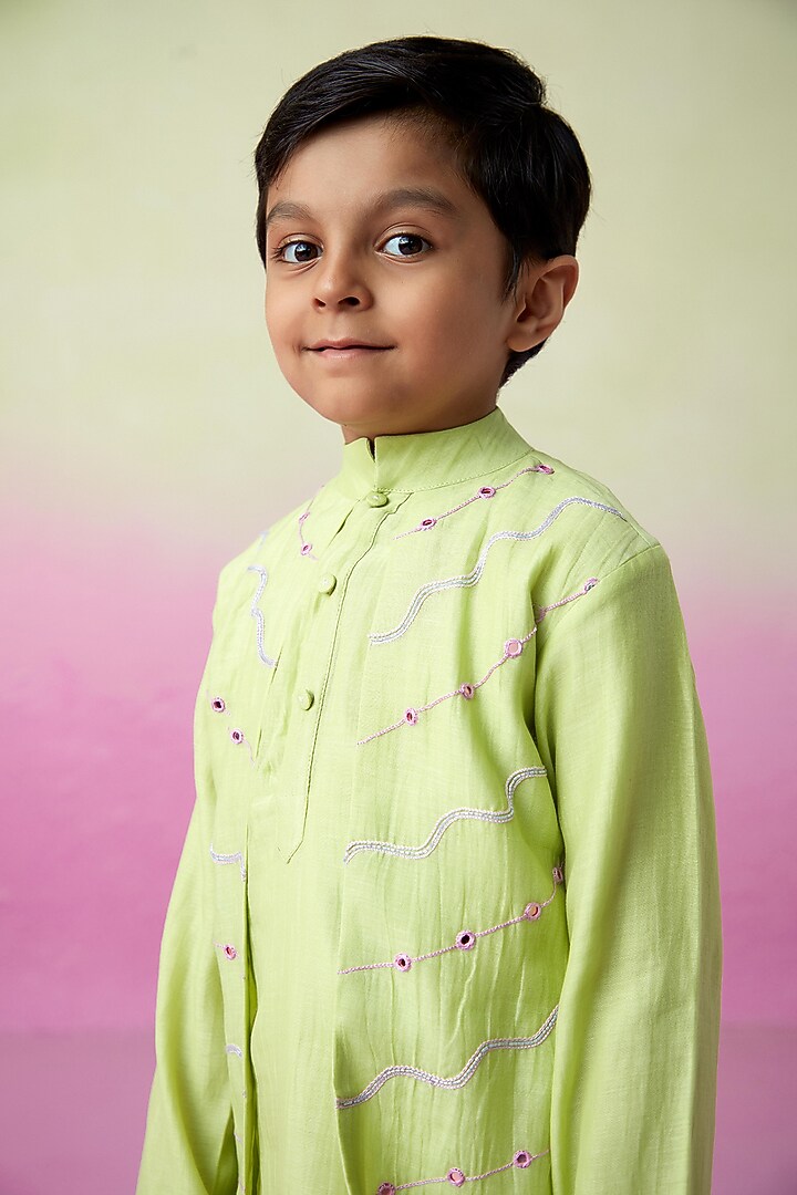 Lime Chanderi Mirror Embroidered Kurta Set For Boys by The Right Cut Kids at Pernia's Pop Up Shop