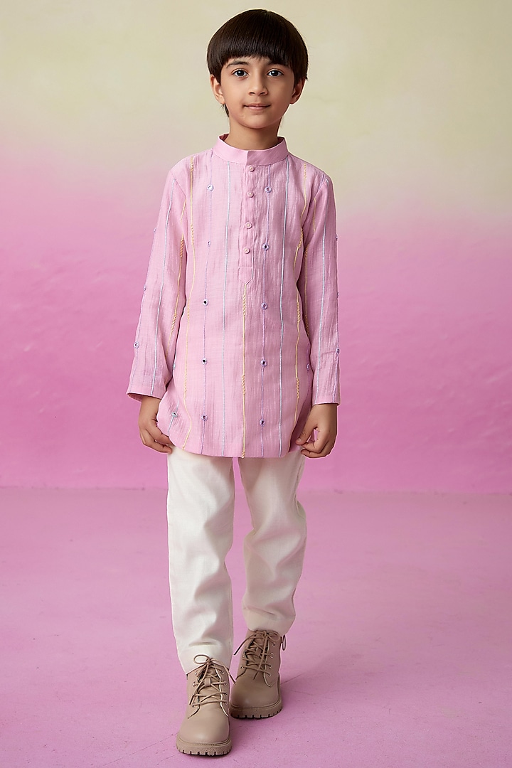 Baby Pink Chanderi Mirror Embroidered Kurta Set For Boys by The Right Cut Kids