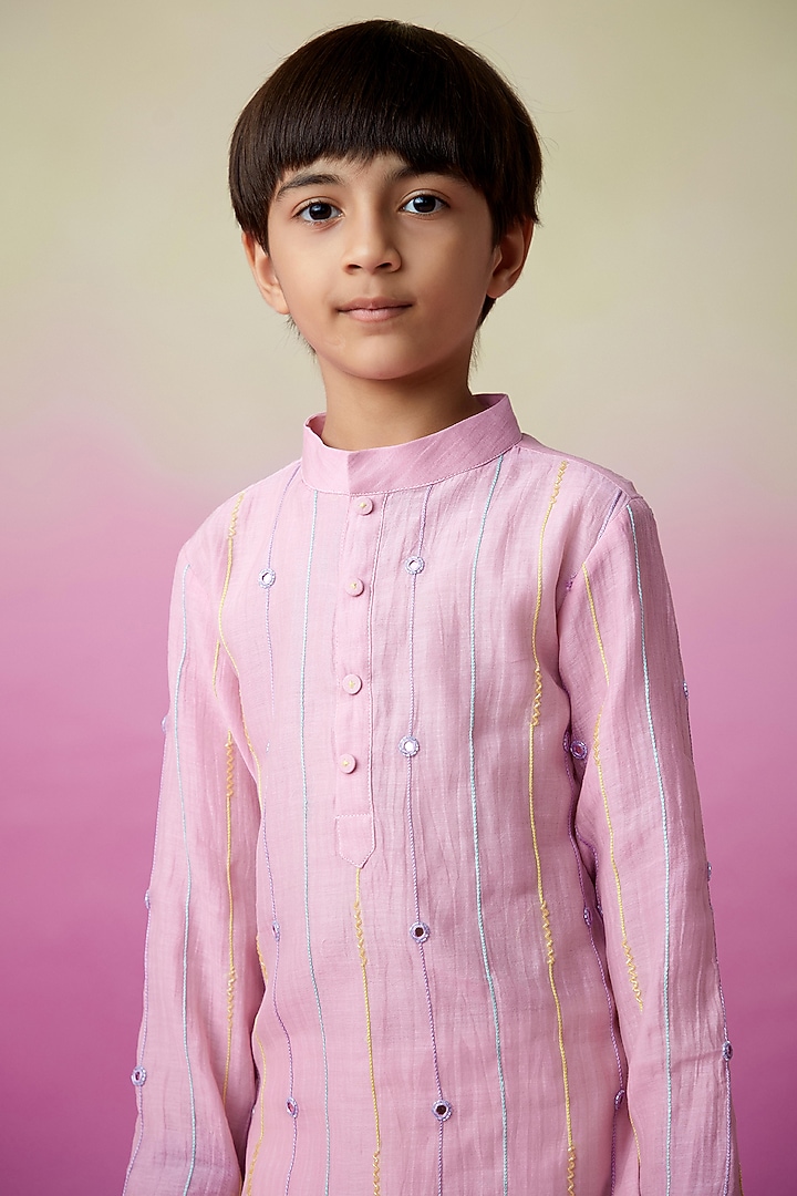 Baby Pink Chanderi Mirror Embroidered Kurta Set For Boys by The Right Cut Kids at Pernia's Pop Up Shop