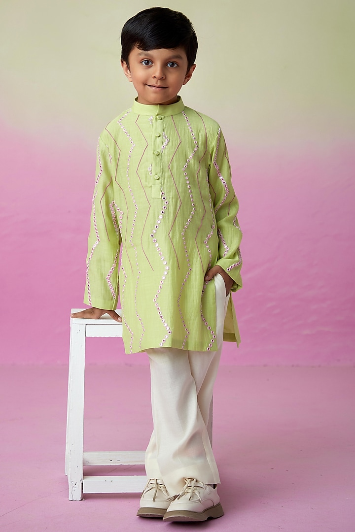 Lime Chanderi Mirror Embroidered Kurta Set For Boys by The Right Cut Kids