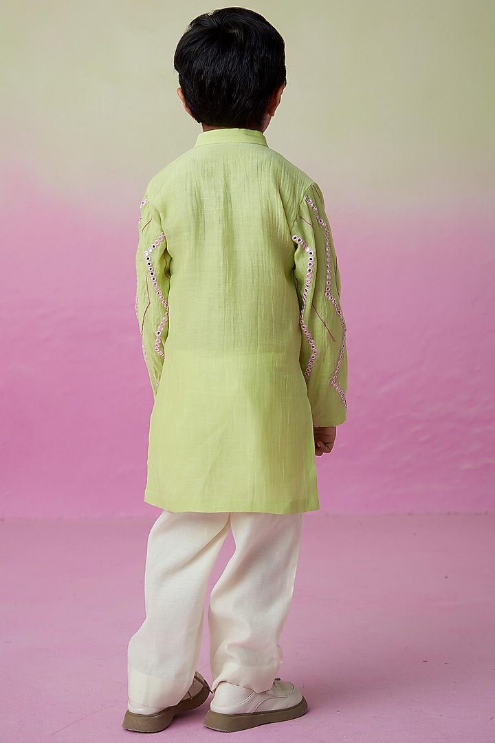 Lime Chanderi Mirror Embroidered Kurta Set For Boys by The Right Cut Kids at Pernia's Pop Up Shop