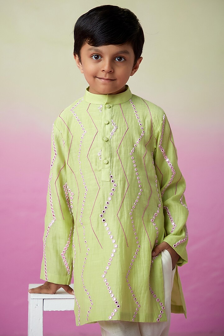 Lime Chanderi Mirror Embroidered Kurta Set For Boys by The Right Cut Kids at Pernia's Pop Up Shop