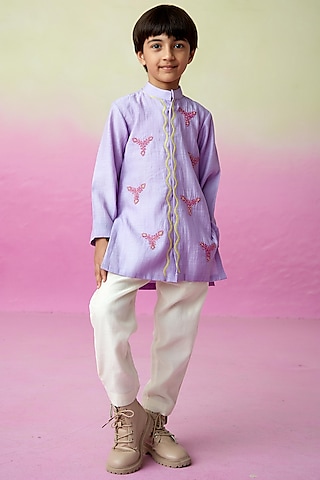 Lavender Chanderi Motif Embroidered Kurta Set For Boys by The Right Cut Kids