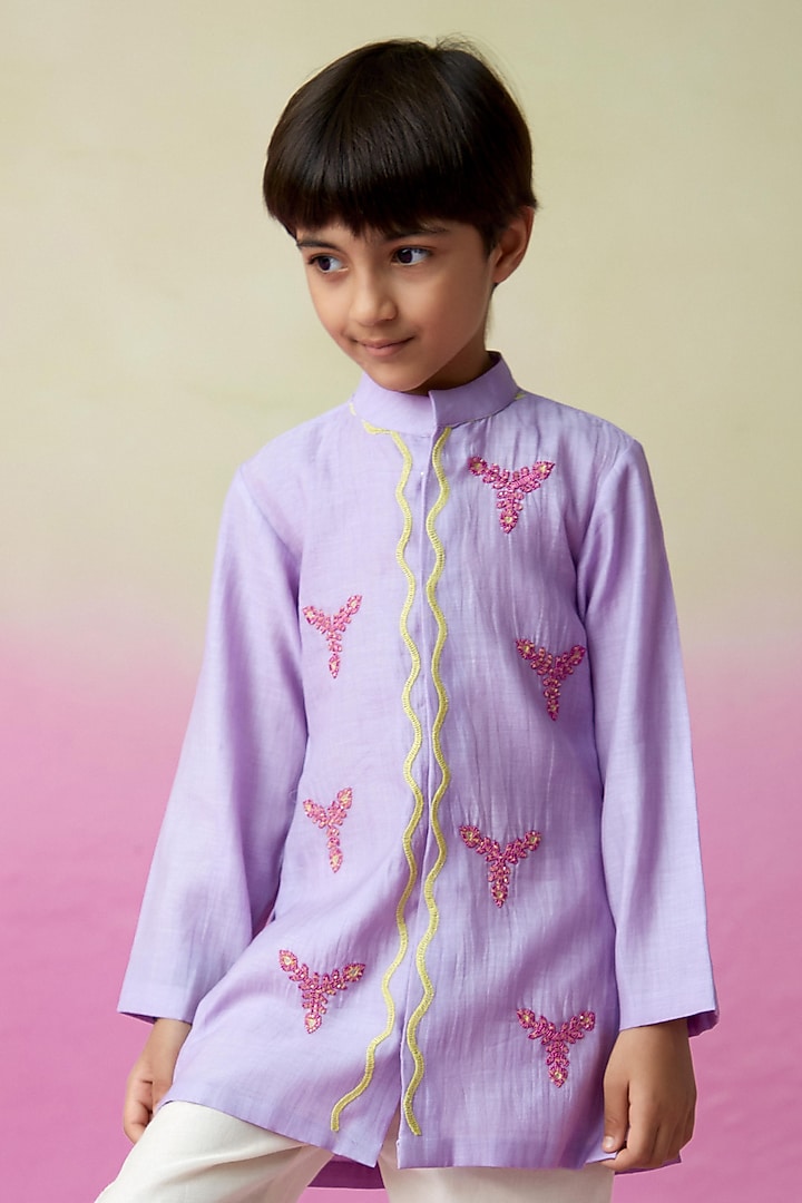 Lavender Chanderi Motif Embroidered Kurta Set For Boys by The Right Cut Kids at Pernia's Pop Up Shop