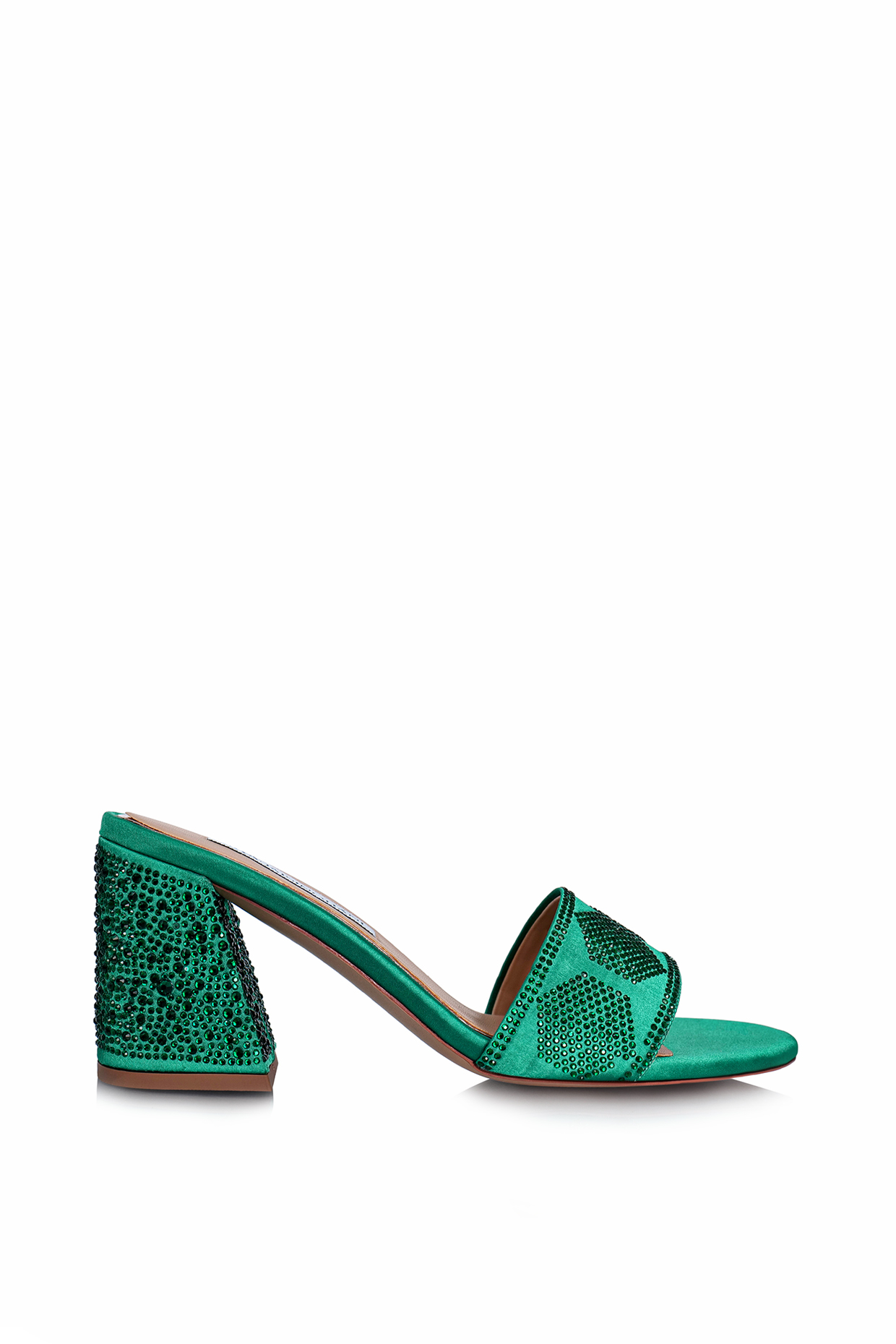 Green Satin Embellished Sandals by Riya Jaisinghani at Pernia's Pop Up Shop