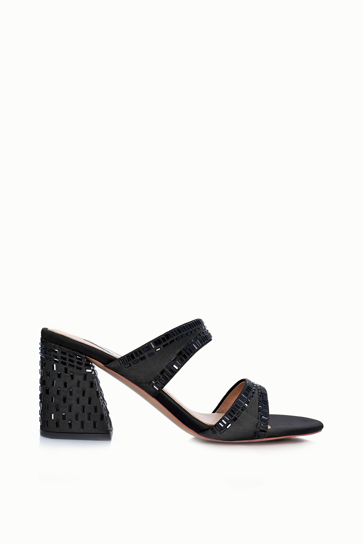 Black Satin Embellished Sandals by Riya Jaisinghani at Pernia's Pop Up Shop