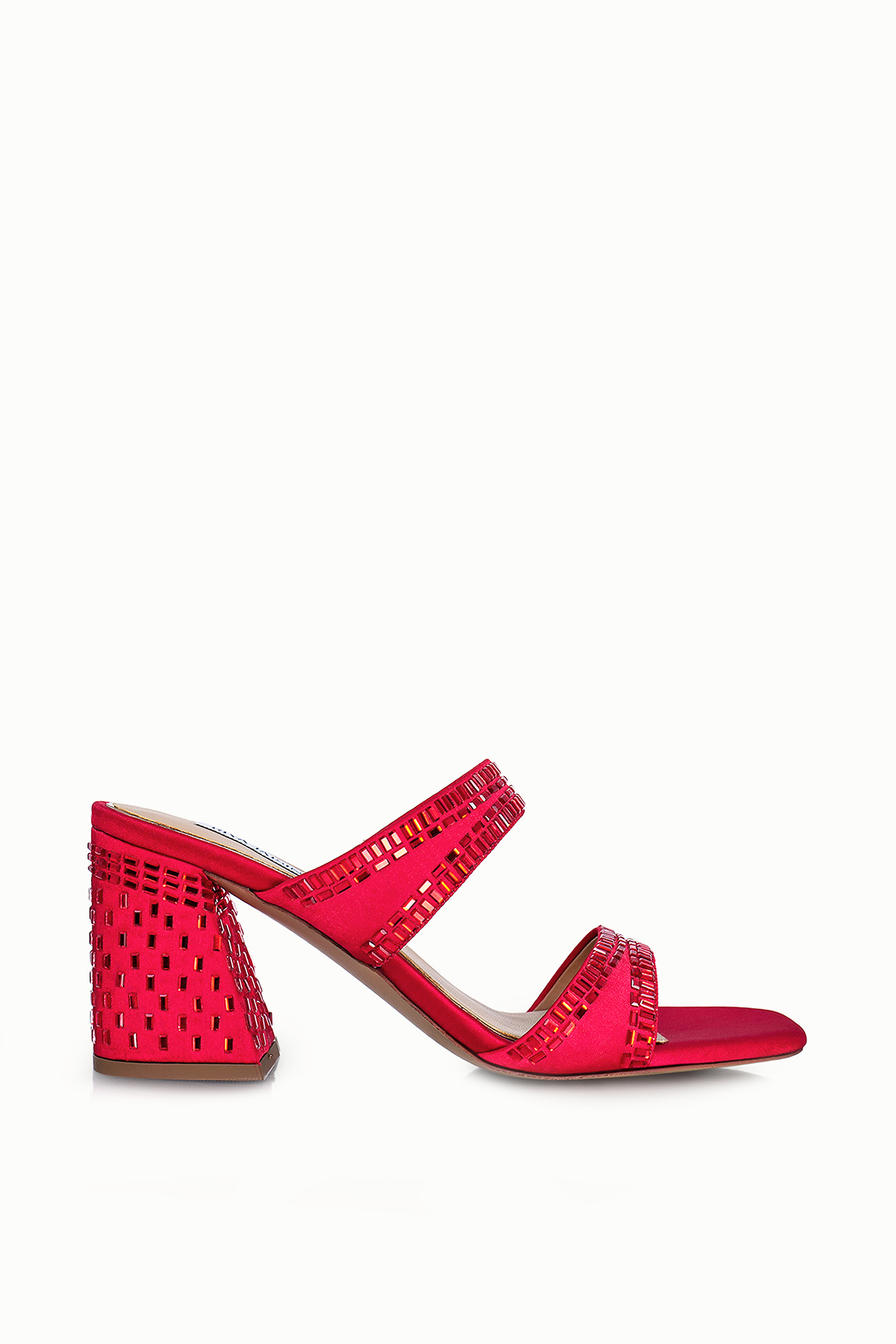 Red Satin Embellished Sandals by Riya Jaisinghani at Pernia's Pop Up Shop