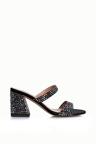 Black Satin Embellished Sandals by Riya Jaisinghani