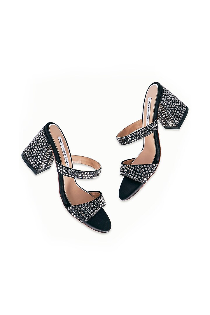 Black Satin Embellished Sandals by Riya Jaisinghani at Pernia's Pop Up Shop