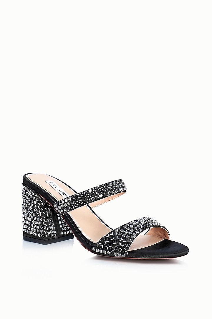 Black Satin Embellished Sandals by Riya Jaisinghani at Pernia's Pop Up Shop