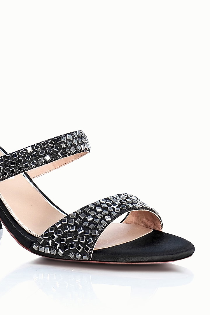 Black Satin Embellished Sandals by Riya Jaisinghani at Pernia's Pop Up Shop