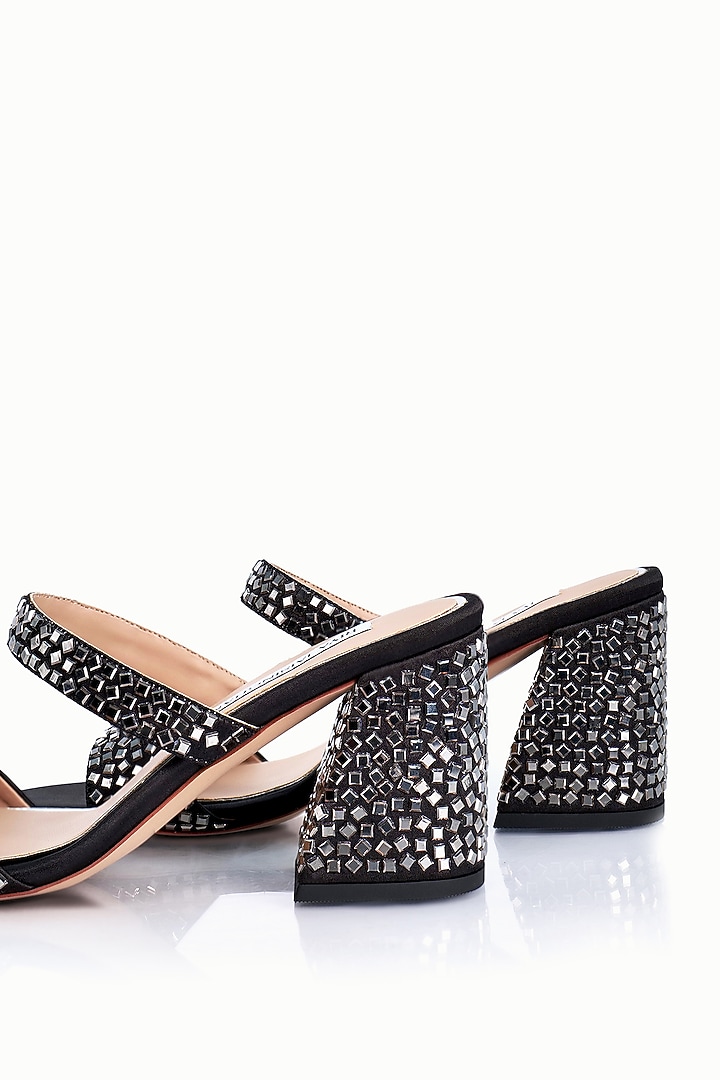 Black Satin Embellished Sandals by Riya Jaisinghani at Pernia's Pop Up Shop