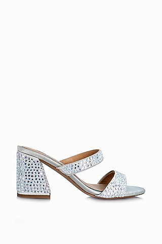 Silver Satin Embellished Sandals by Riya Jaisinghani