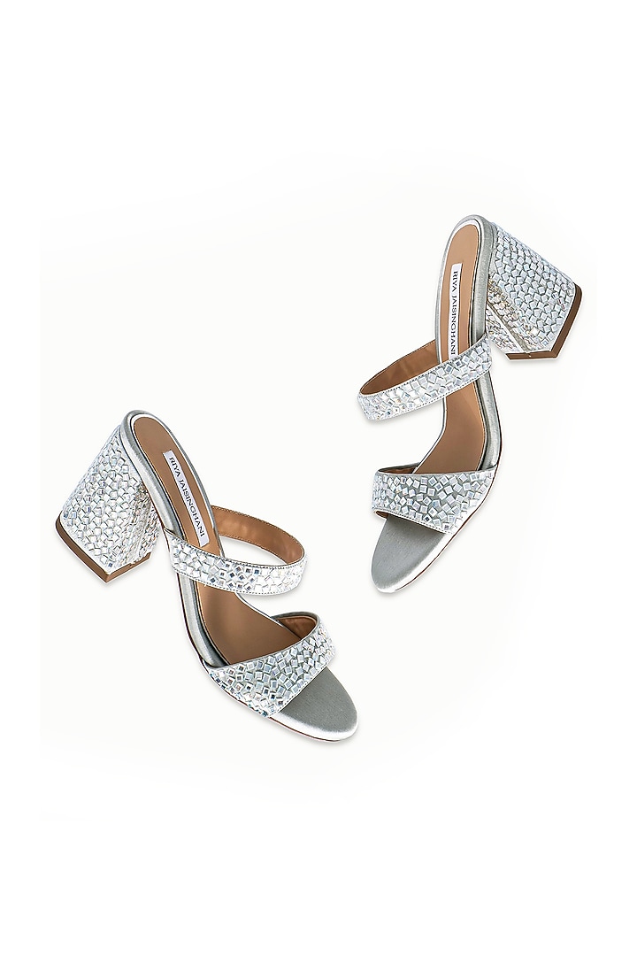 Silver Satin Embellished Sandals by Riya Jaisinghani at Pernia's Pop Up Shop
