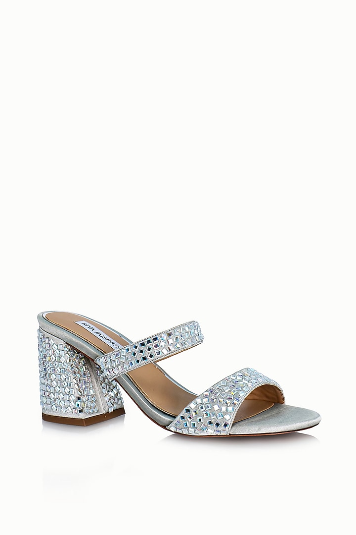 Silver Satin Embellished Sandals by Riya Jaisinghani at Pernia's Pop Up Shop
