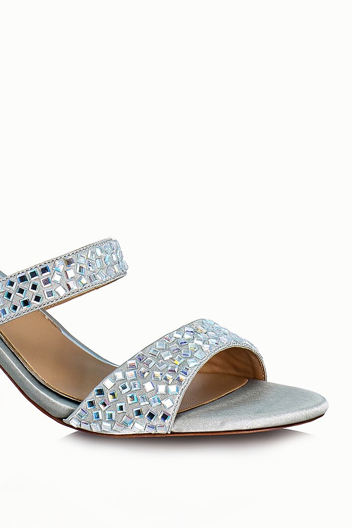 Silver Satin Embellished Sandals by Riya Jaisinghani at Pernia's Pop Up Shop