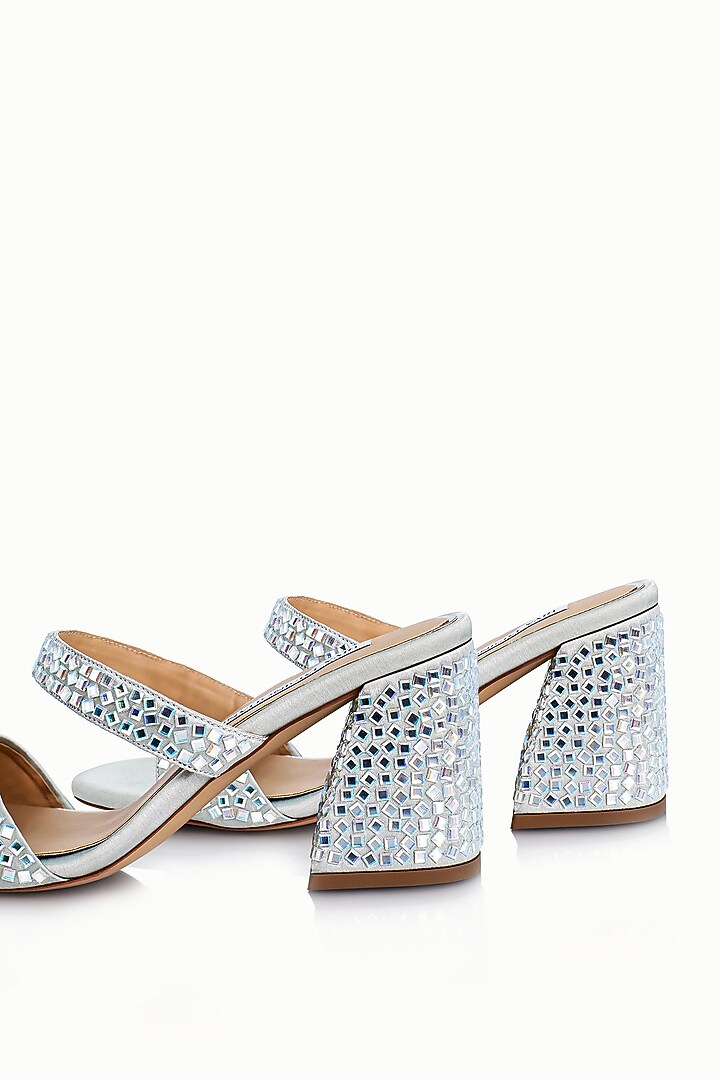 Silver Satin Embellished Sandals by Riya Jaisinghani at Pernia's Pop Up Shop