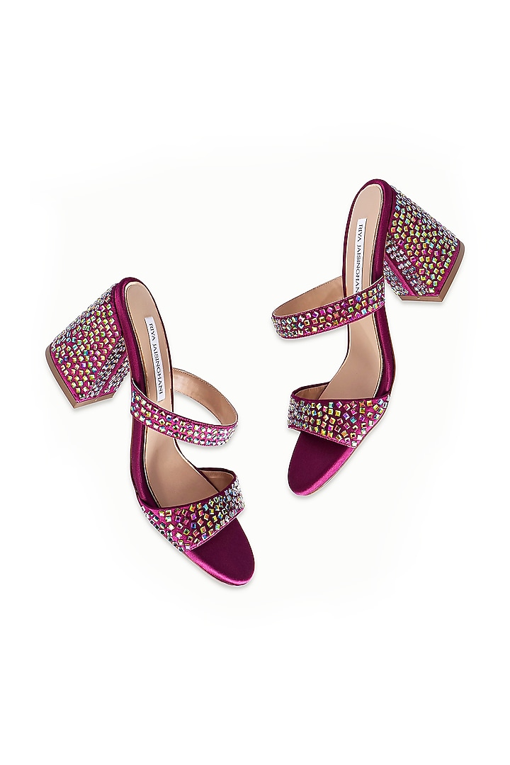 Purple Satin Embellished Sandals by Riya Jaisinghani at Pernia's Pop Up Shop