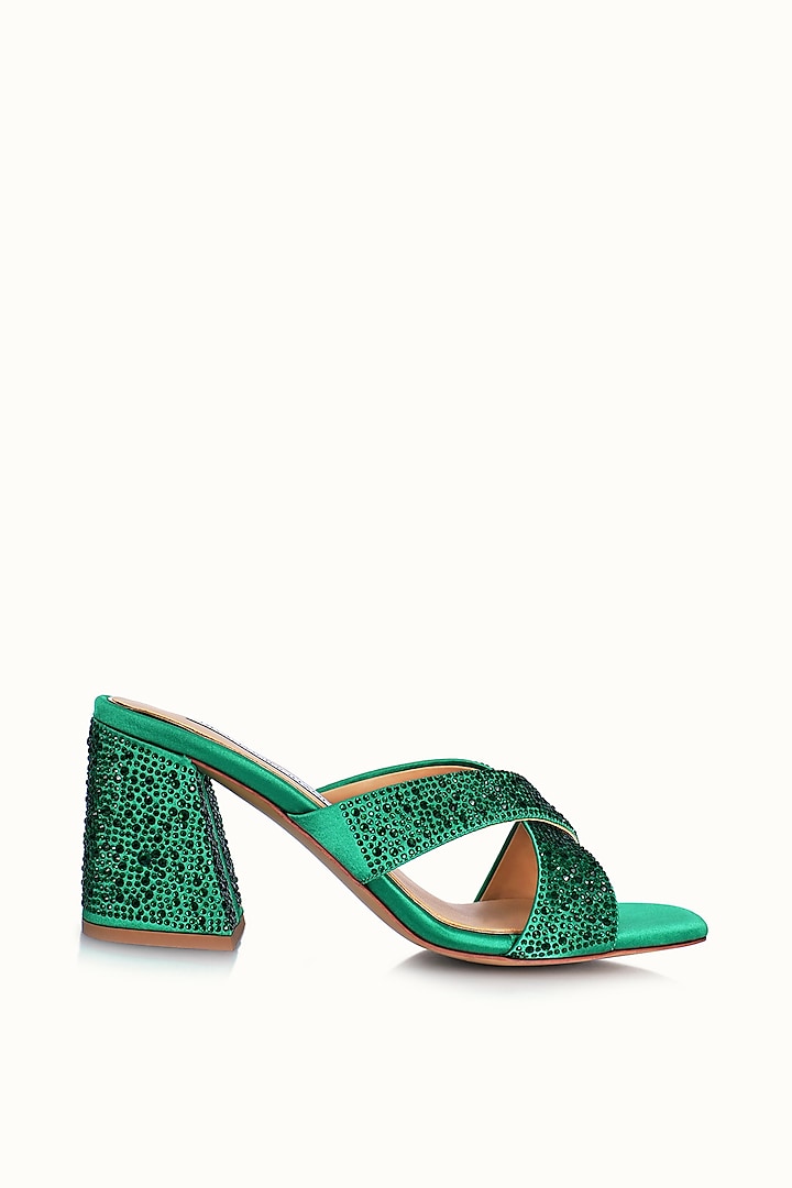 Green Satin Embellished Sandals by Riya Jaisinghani