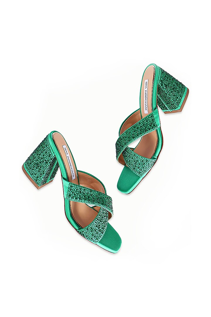 Green Satin Embellished Sandals by Riya Jaisinghani at Pernia's Pop Up Shop