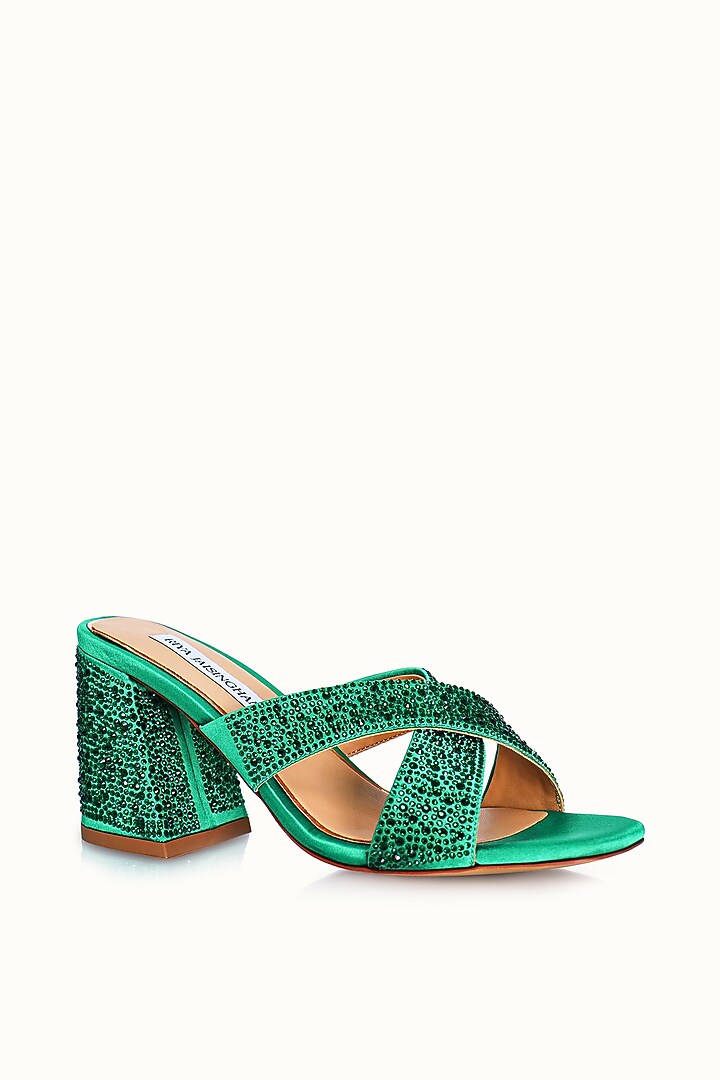 Green Satin Embellished Sandals by Riya Jaisinghani at Pernia's Pop Up Shop