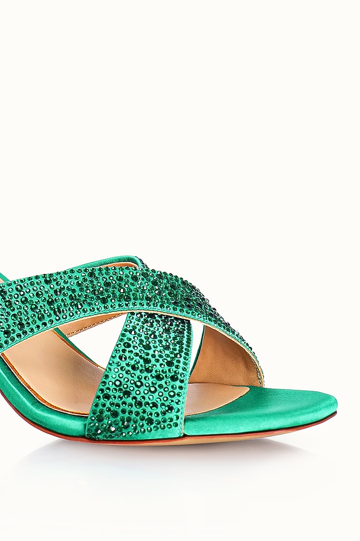 Green Satin Embellished Sandals by Riya Jaisinghani at Pernia's Pop Up Shop