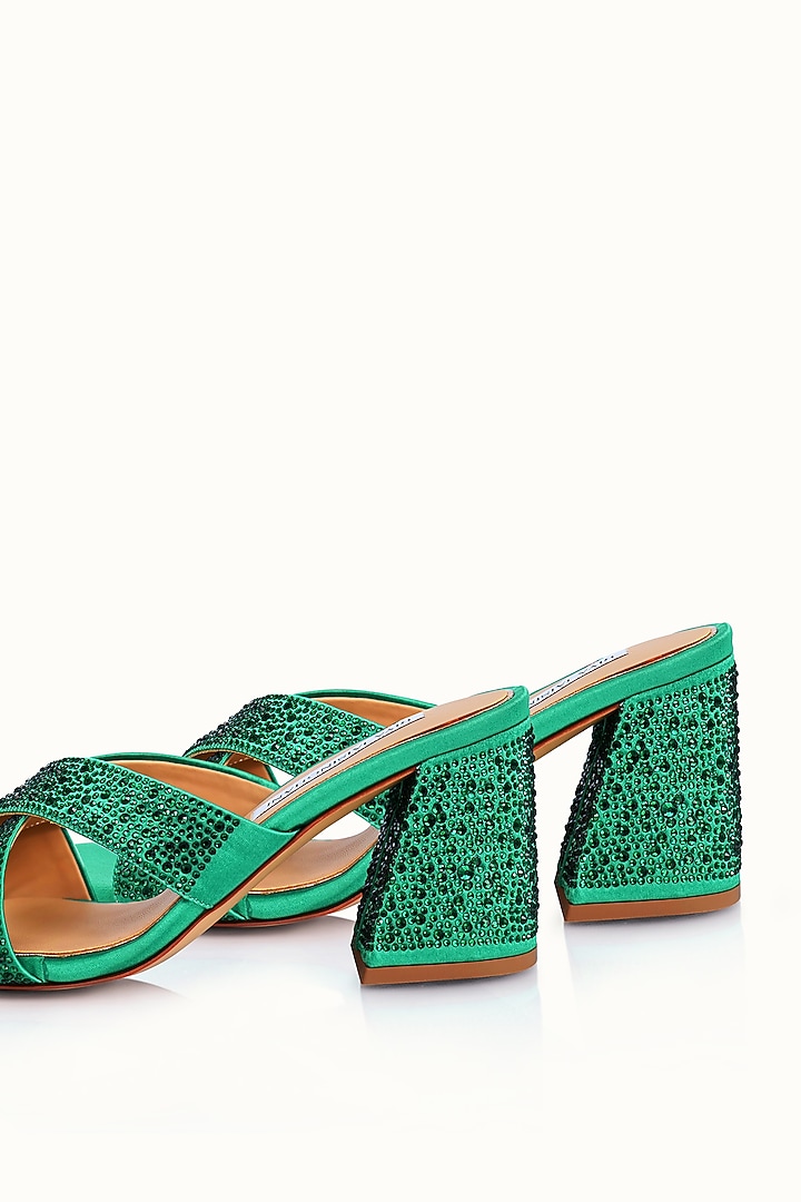 Green Satin Embellished Sandals by Riya Jaisinghani at Pernia's Pop Up Shop