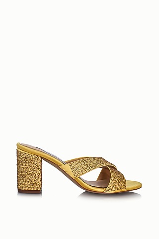 Gold Satin Embellished Sandals by Riya Jaisinghani