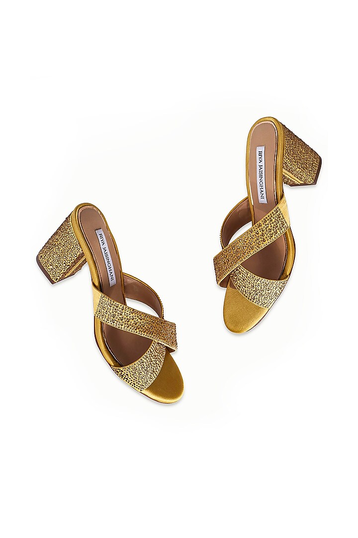 Gold Satin Embellished Sandals by Riya Jaisinghani at Pernia's Pop Up Shop