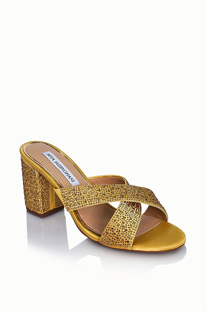 Gold Satin Embellished Sandals by Riya Jaisinghani at Pernia's Pop Up Shop