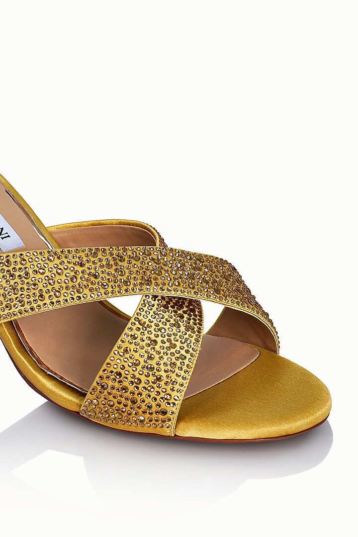 Gold Satin Embellished Sandals by Riya Jaisinghani at Pernia's Pop Up Shop