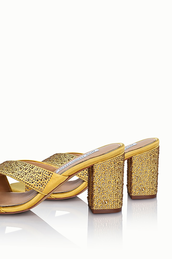 Gold Satin Embellished Sandals by Riya Jaisinghani at Pernia's Pop Up Shop