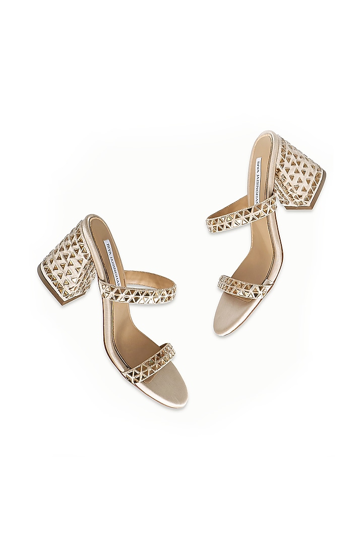 Nude Satin Embellished Sandals by Riya Jaisinghani at Pernia's Pop Up Shop