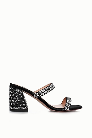 Black Satin Embellished Sandals by Riya Jaisinghani