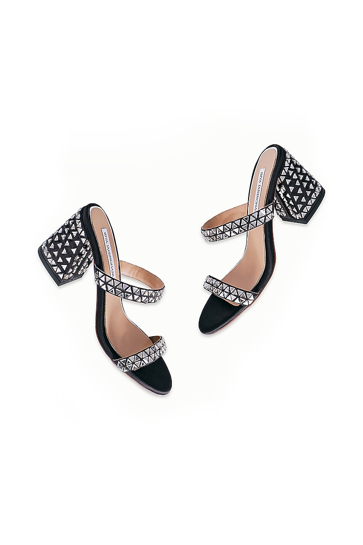 Black Satin Embellished Sandals by Riya Jaisinghani at Pernia's Pop Up Shop