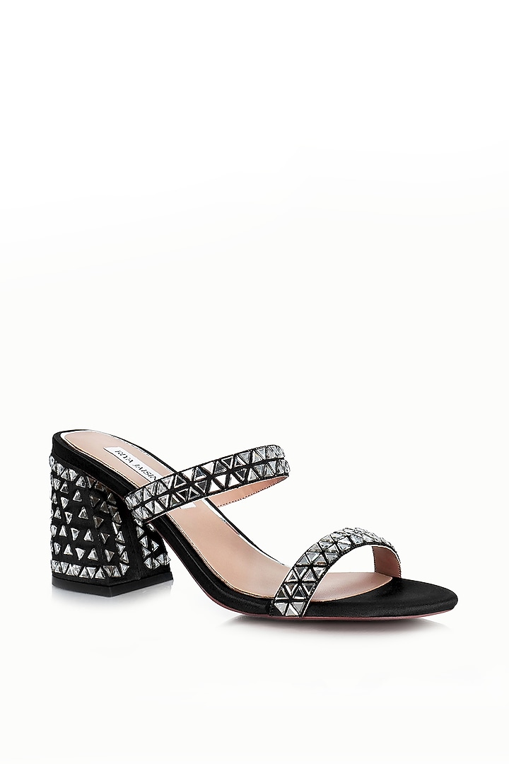 Black Satin Embellished Sandals by Riya Jaisinghani at Pernia's Pop Up Shop